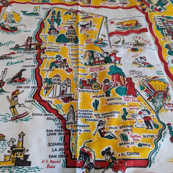 1950's VINTAGE CALIFORNIA souvenir TABLECLOTH 50's